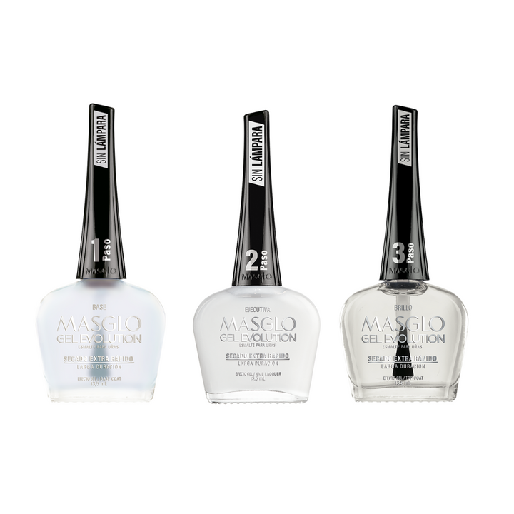 Kit Gel Evolution 3 Pasos Base + Color EJECUTIVA + Brillo Secado Extra Rápido Masglo Ejecutiva