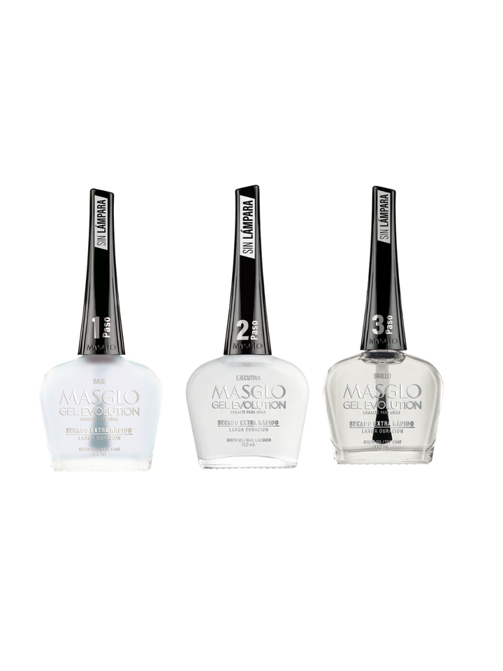 Kit Gel Evolution 3 Pasos Base + Color EJECUTIVA + Brillo Secado Extra Rápido Masglo Ejecutiva
